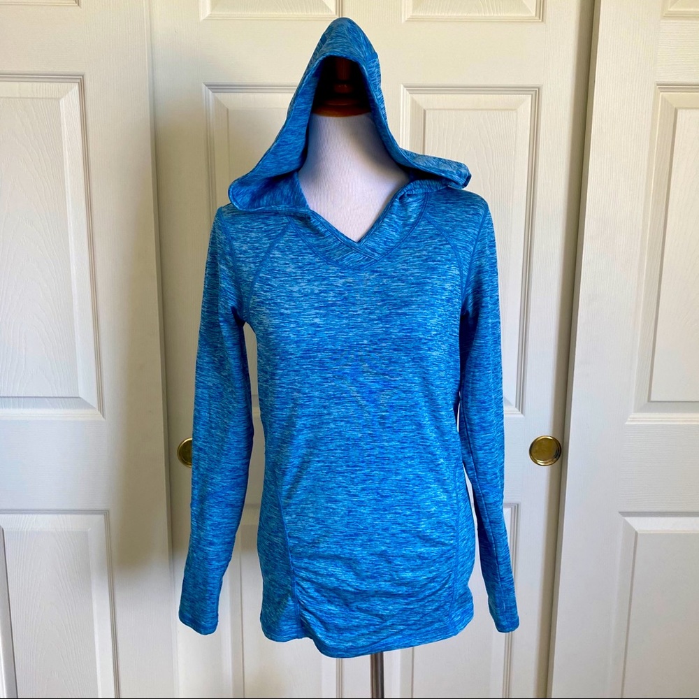 Zella Womens Blue Heather Space Dye Ruched Hooded Pullover Thumbholes Small